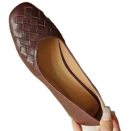 Vintage All-match Square Toe Shallow Mouth Single-layer Shoes 2025 Spring New Fashionable Thick Heel Comfortable Soft Leather Soft Sole Lightweight Women's Shoes
