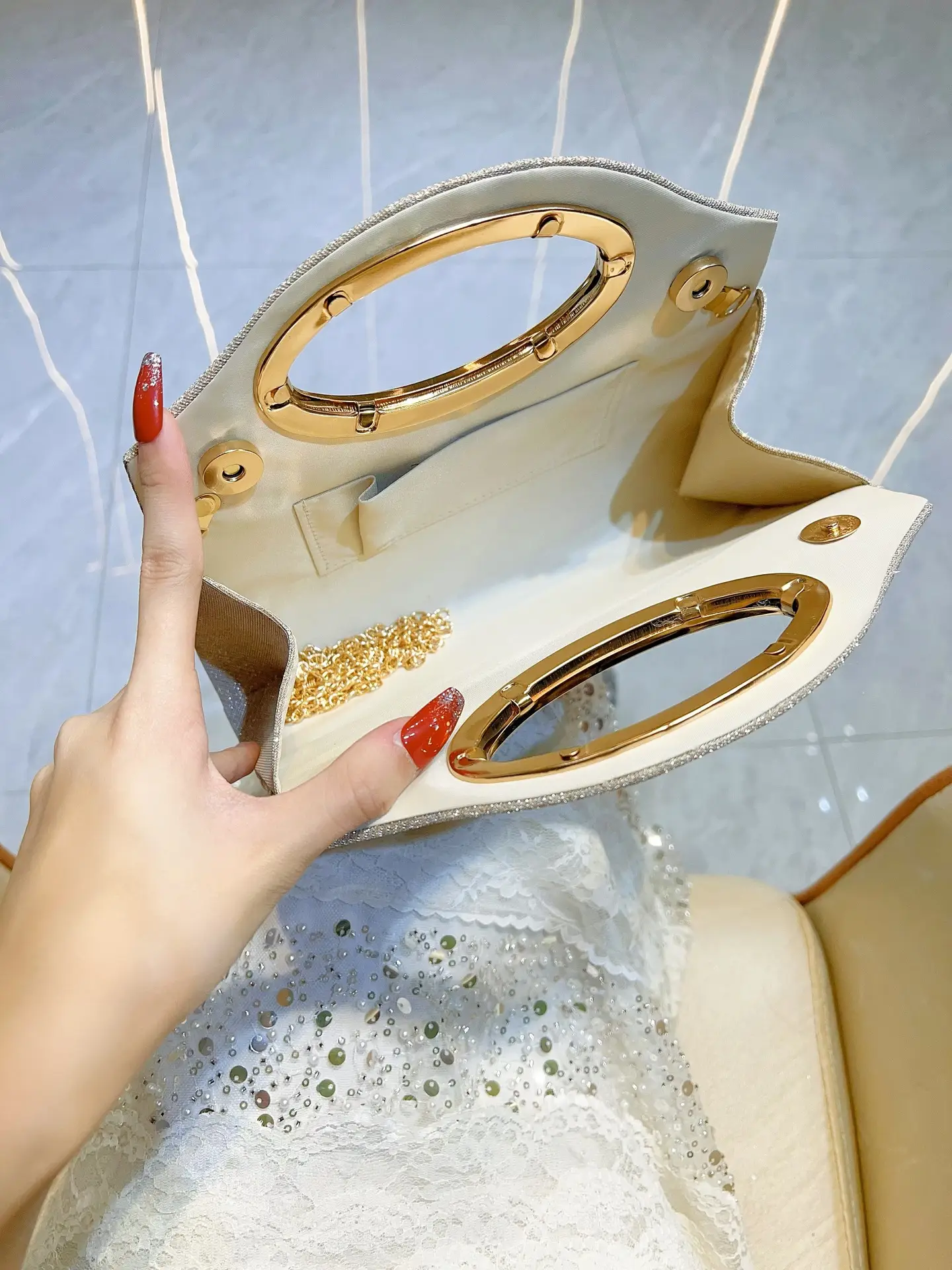 Pleated Cheongsam Bag for Women with Gold Handle