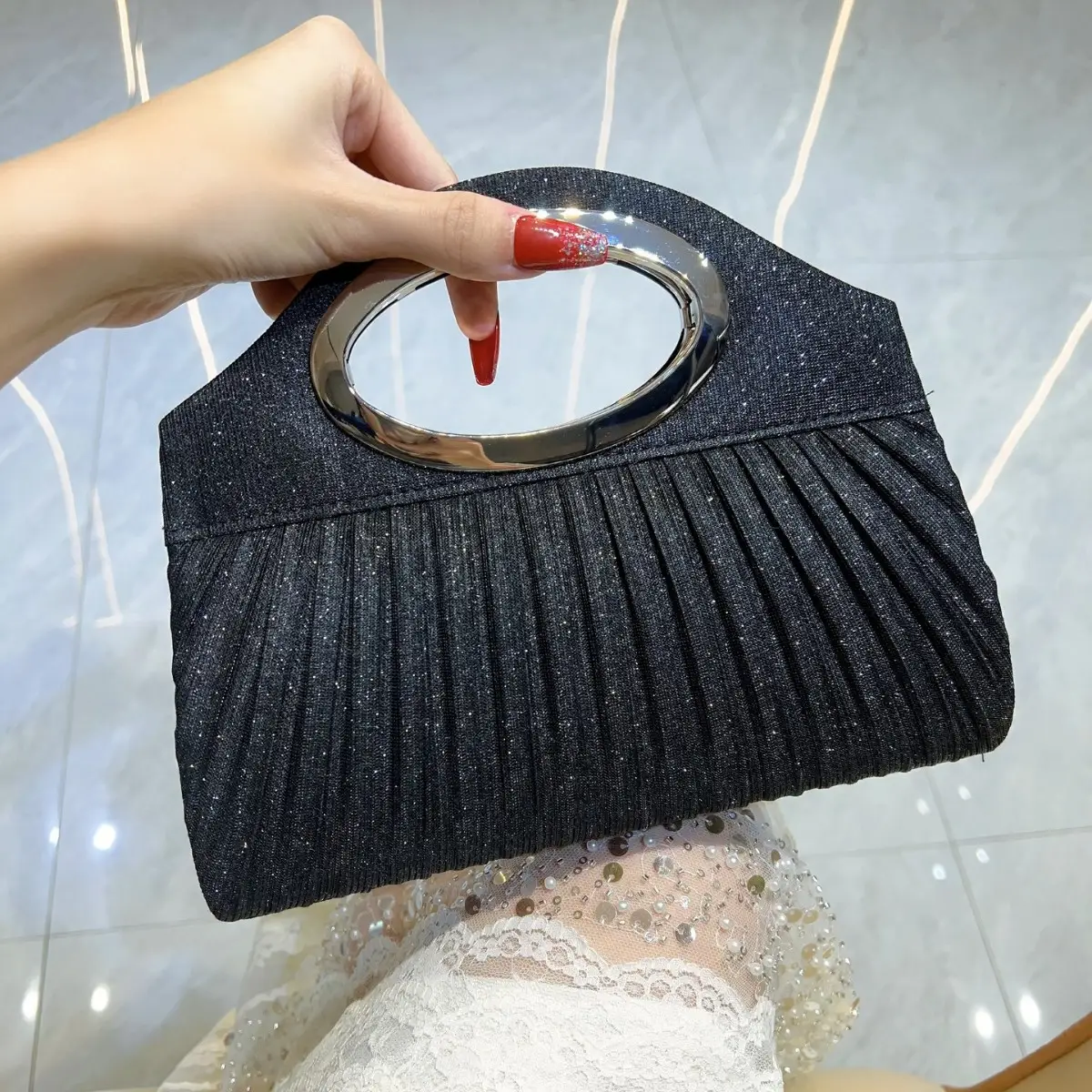 Pleated Cheongsam Bag for Women with Gold Handle