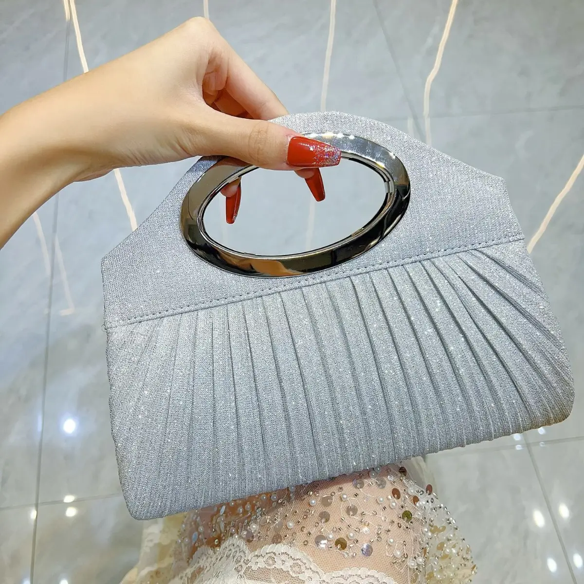 Pleated Cheongsam Bag for Women with Gold Handle