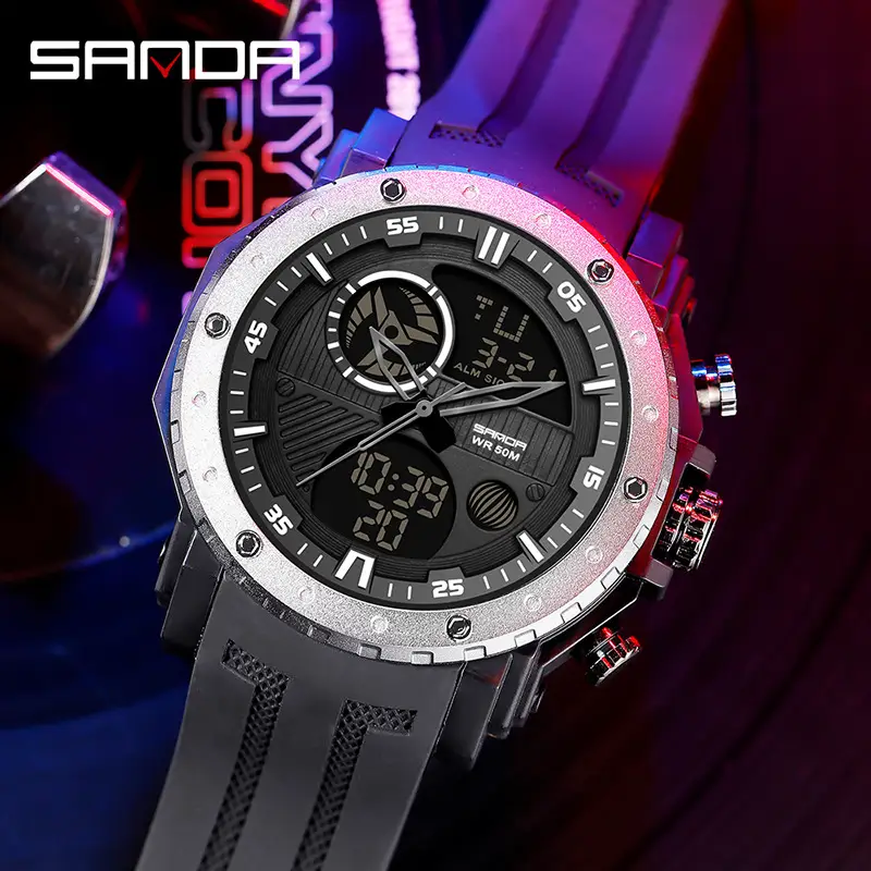 Sanda Dual Display Waterproof Outdoor Watch Black Large Dial - Image 7