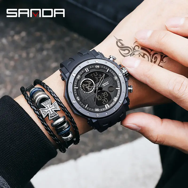 Sanda Dual Display Waterproof Outdoor Watch Black Large Dial - Image 8