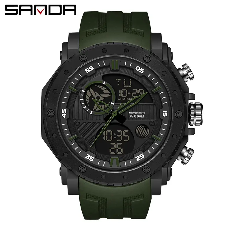 Sanda Dual Display Waterproof Outdoor Watch Black Large Dial - Image 2