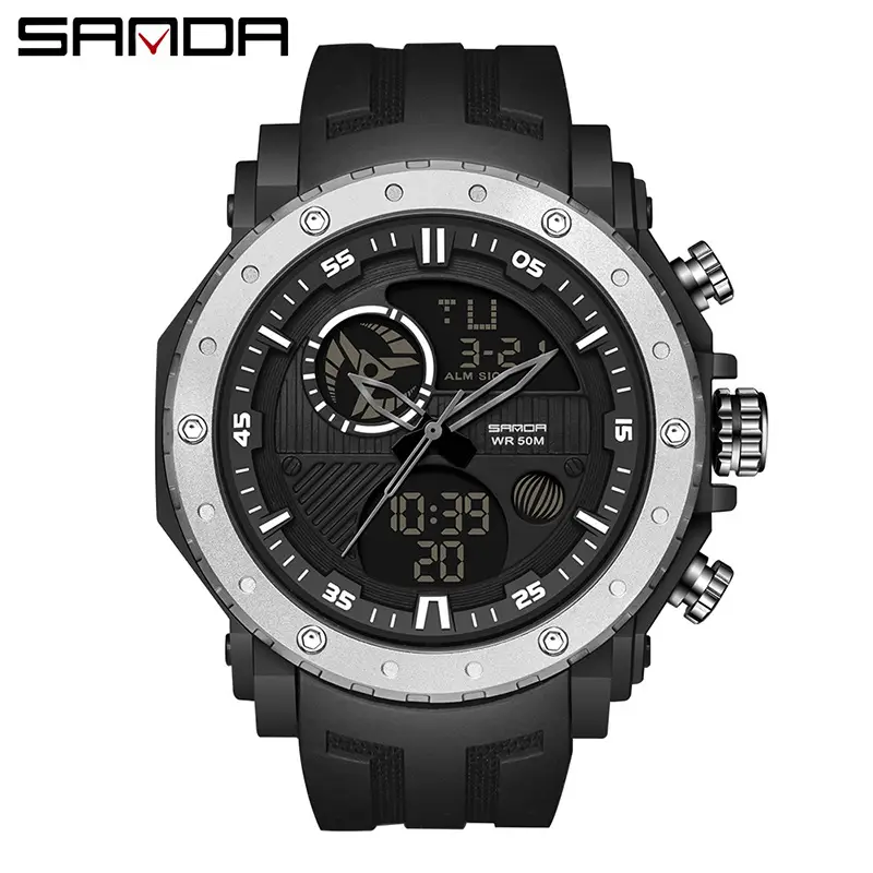 Sanda Dual Display Waterproof Outdoor Watch Black Large Dial - Image 5