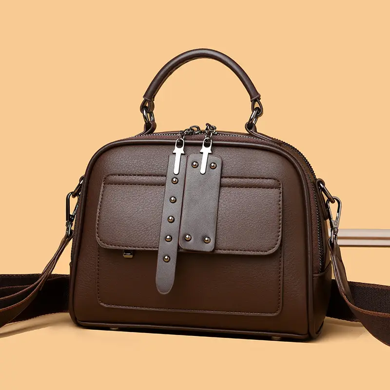 Women's Crossbody Shoulder Bag Brown Leather with Logo Print - Image 5