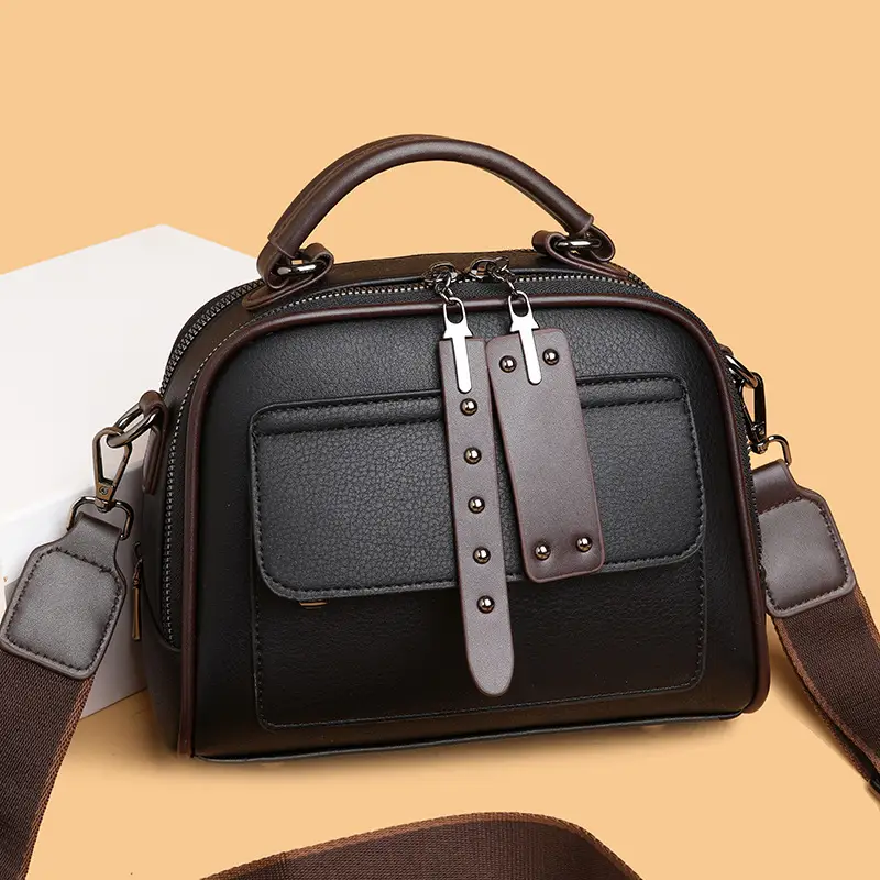 Women's Crossbody Shoulder Bag Brown Leather with Logo Print - Image 6