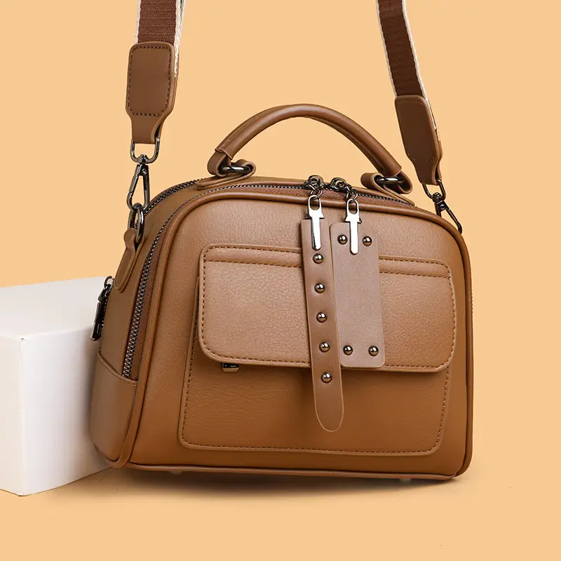 Women's Crossbody Shoulder Bag Brown Leather with Logo Print - Image 7