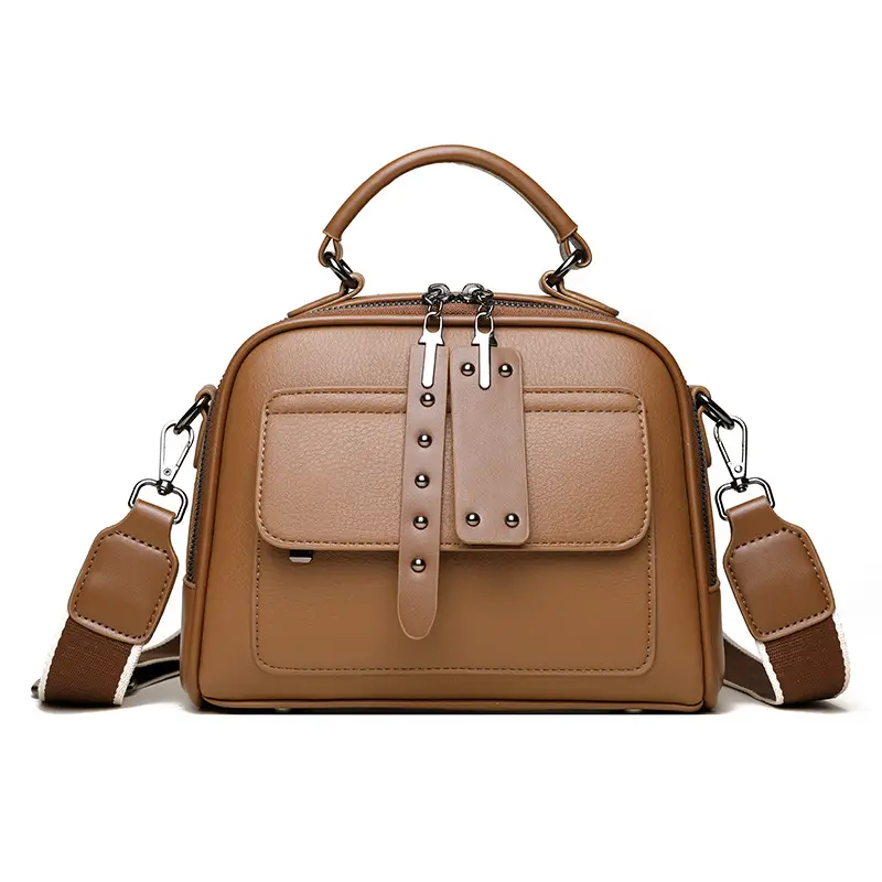 Women's Crossbody Shoulder Bag Brown Leather with Logo Print - Image 8