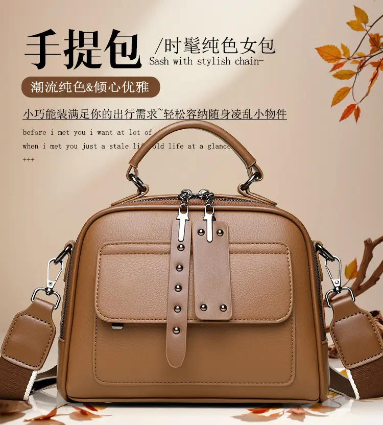 Women's Crossbody Shoulder Bag Brown Leather with Logo Print — feature 3