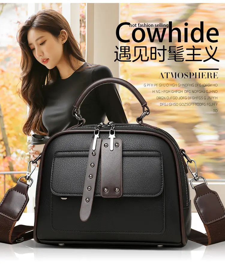 Women's Crossbody Shoulder Bag Brown Leather with Logo Print — feature 4