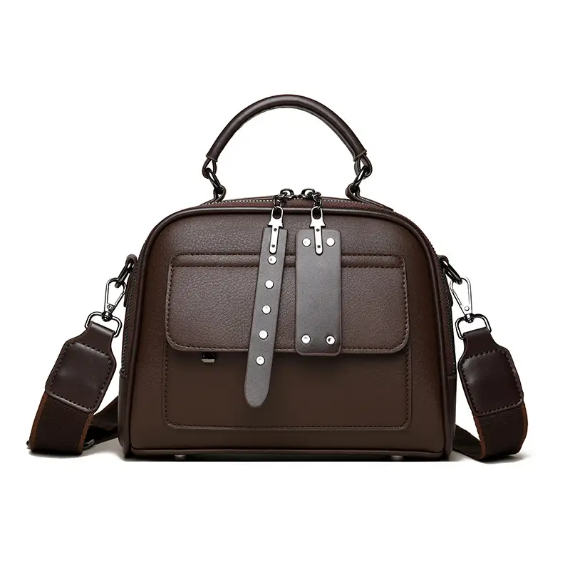 Women's Crossbody Shoulder Bag Brown Leather with Logo Print - Image 3