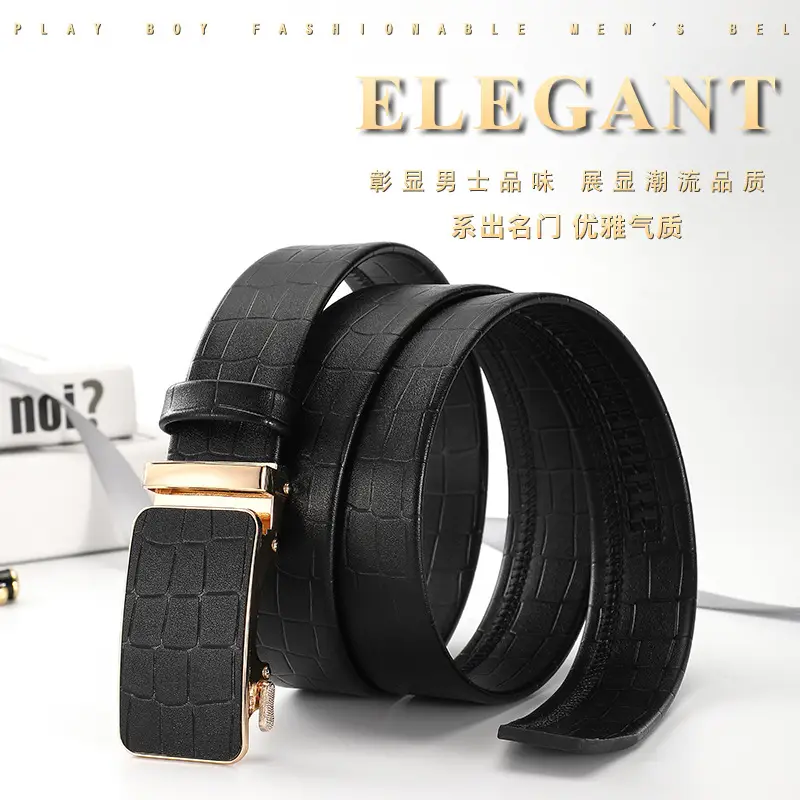 Men's Black Croc Leather Belt with Gold Buckle
