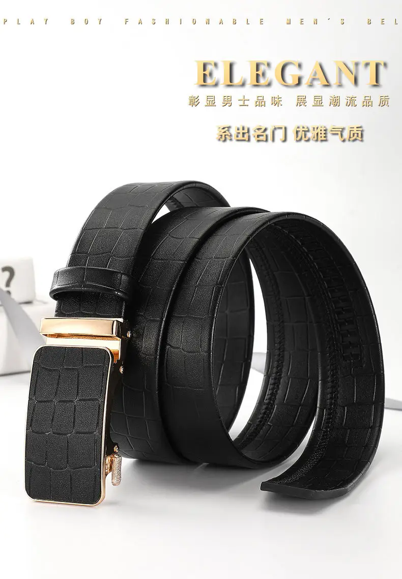 Men's Black Croc Leather Belt with Gold Buckle — feature 4