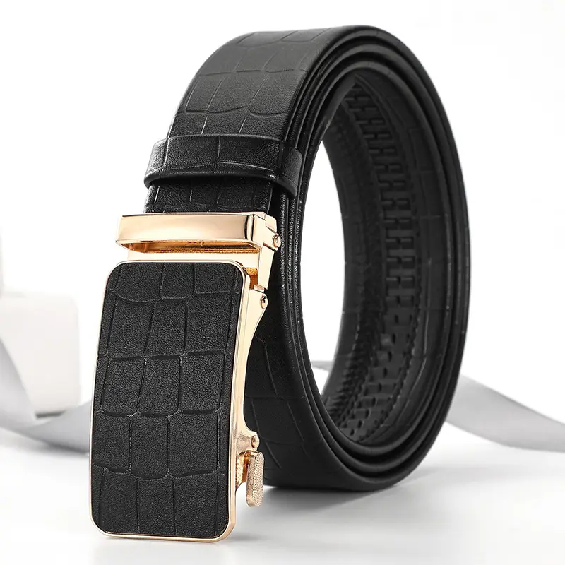 Men's Black Croc Leather Belt with Gold Buckle
