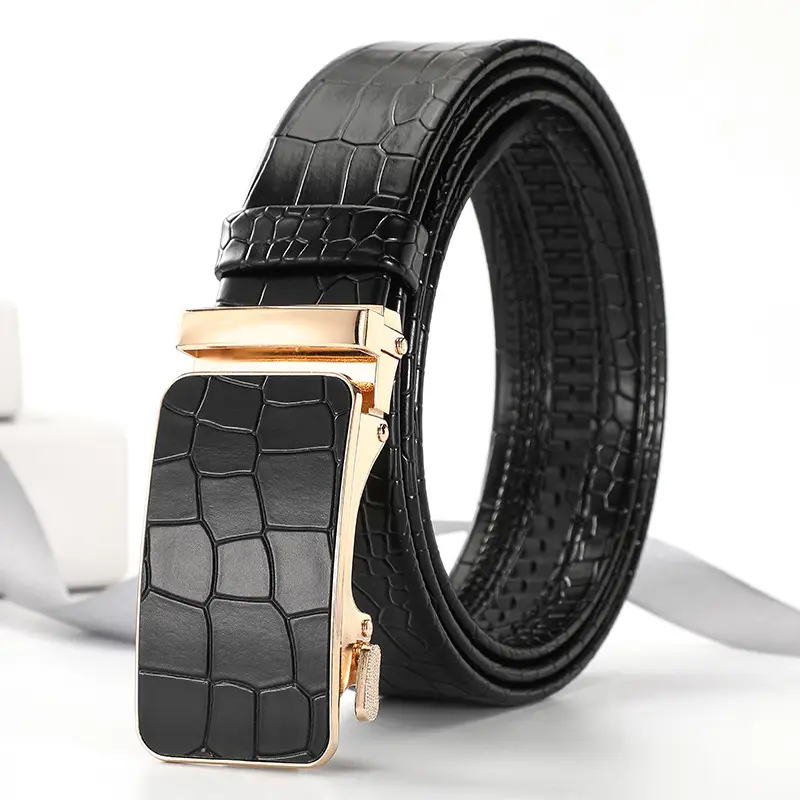 Men's Black Croc Leather Belt with Gold Buckle
