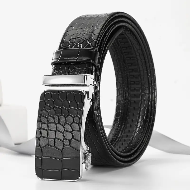 Men's Black Croc Leather Belt with Gold Buckle