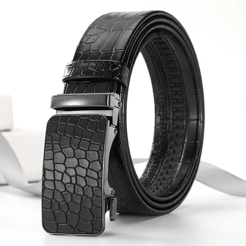 Men's Black Croc Leather Belt with Gold Buckle
