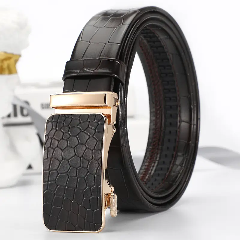 Men's Black Croc Leather Belt with Gold Buckle