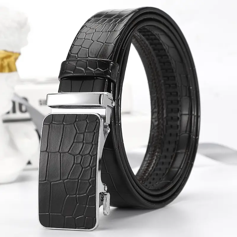 Men's Black Croc Leather Belt with Gold Buckle