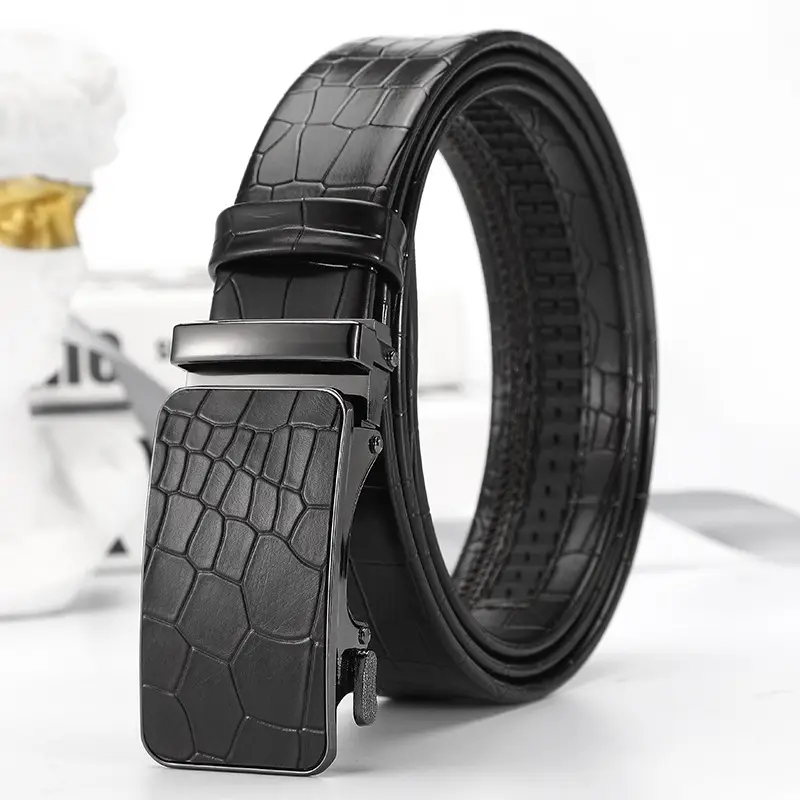 Men's Black Croc Leather Belt with Gold Buckle