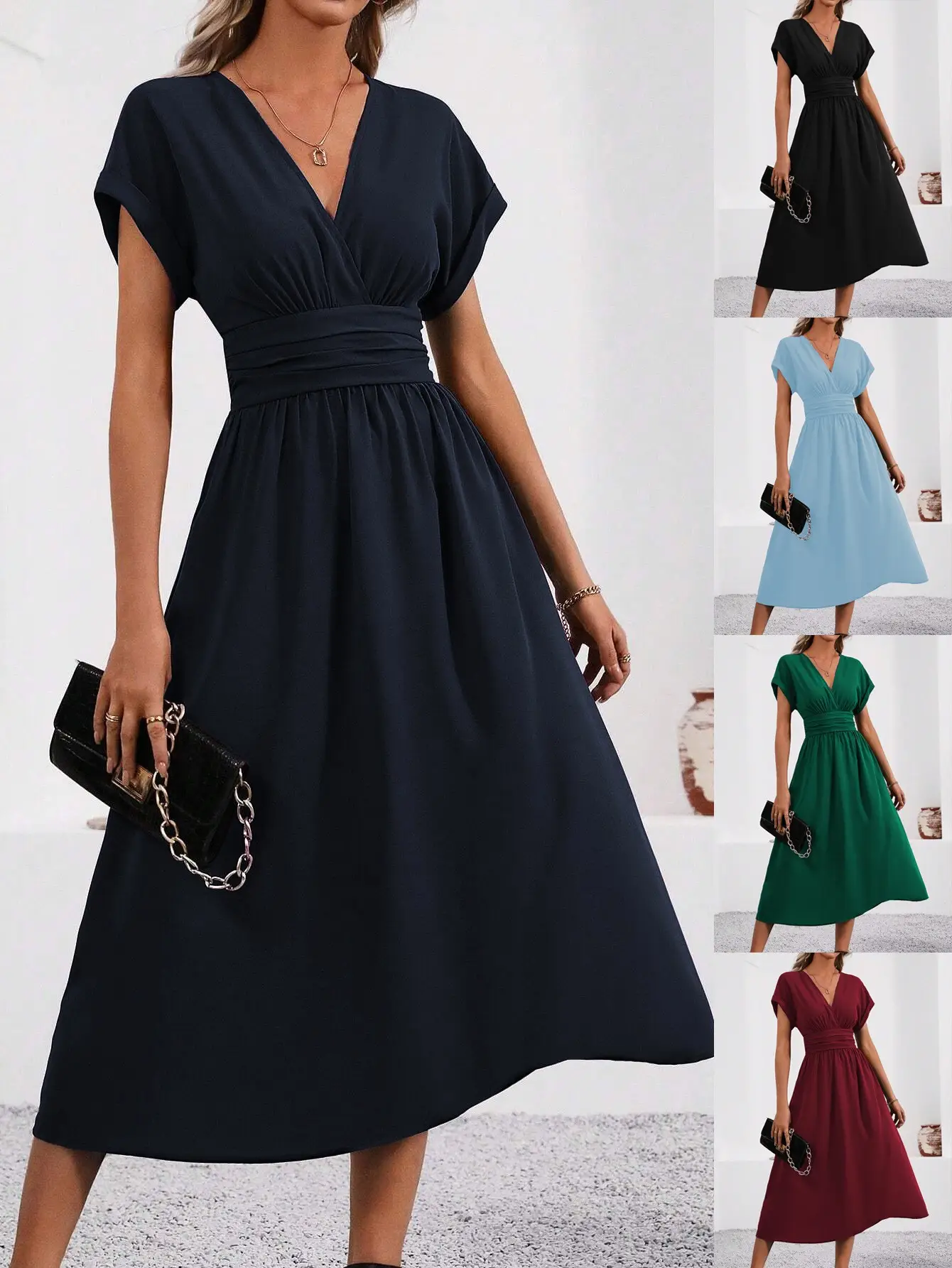 Black Pleated V-Neck Bat Sleeve Dress for Women - Image 6