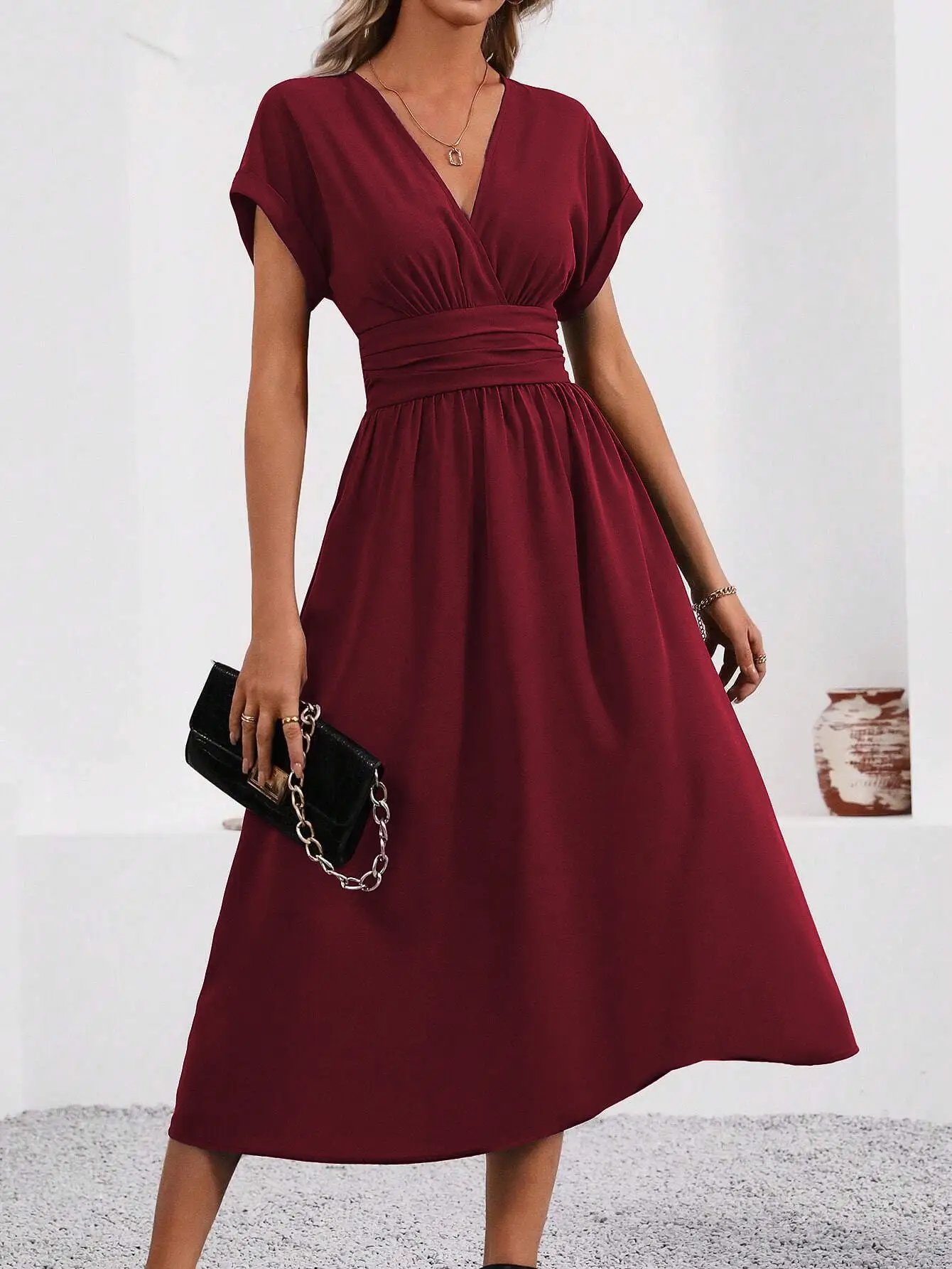 Black Pleated V-Neck Bat Sleeve Dress for Women - Image 7