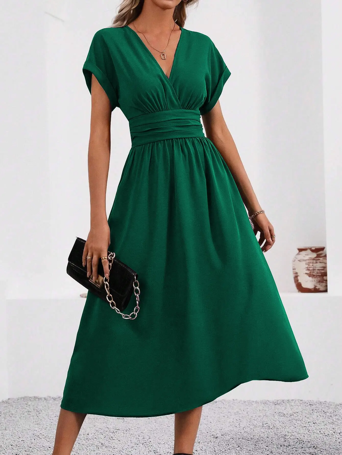 Black Pleated V-Neck Bat Sleeve Dress for Women - Image 4