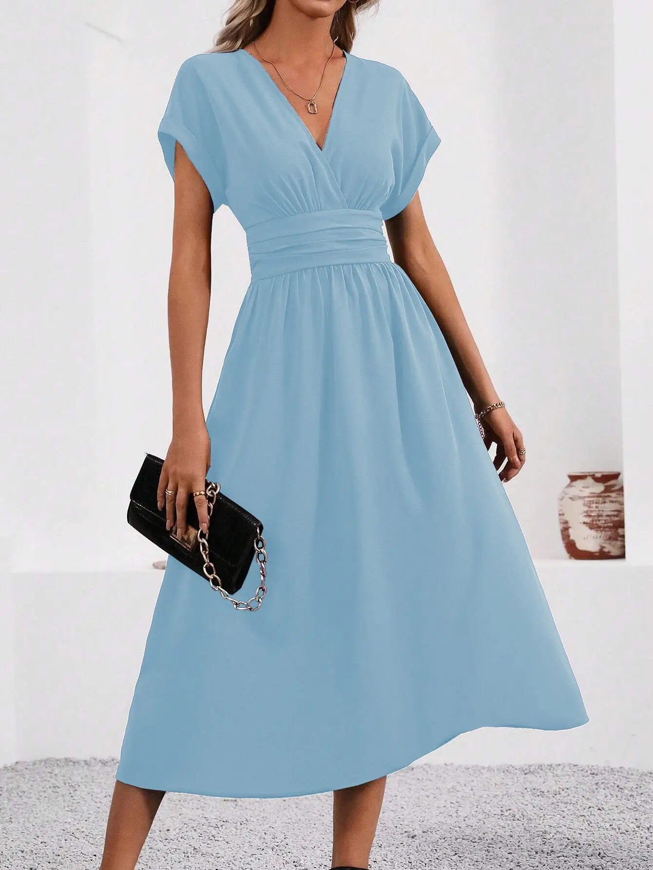 Black Pleated V-Neck Bat Sleeve Dress for Women - Image 5