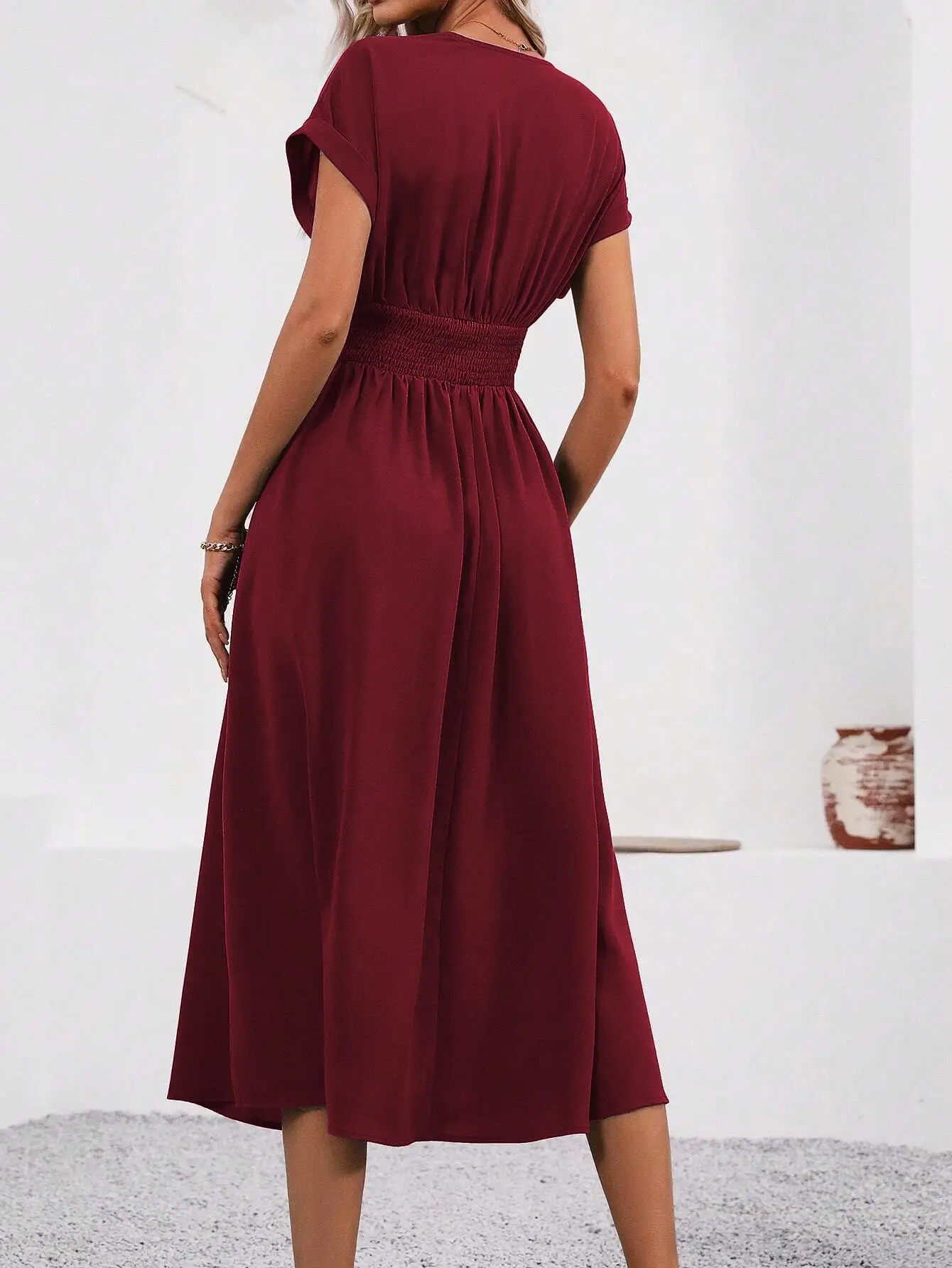 Black Pleated V-Neck Bat Sleeve Dress for Women — feature 11