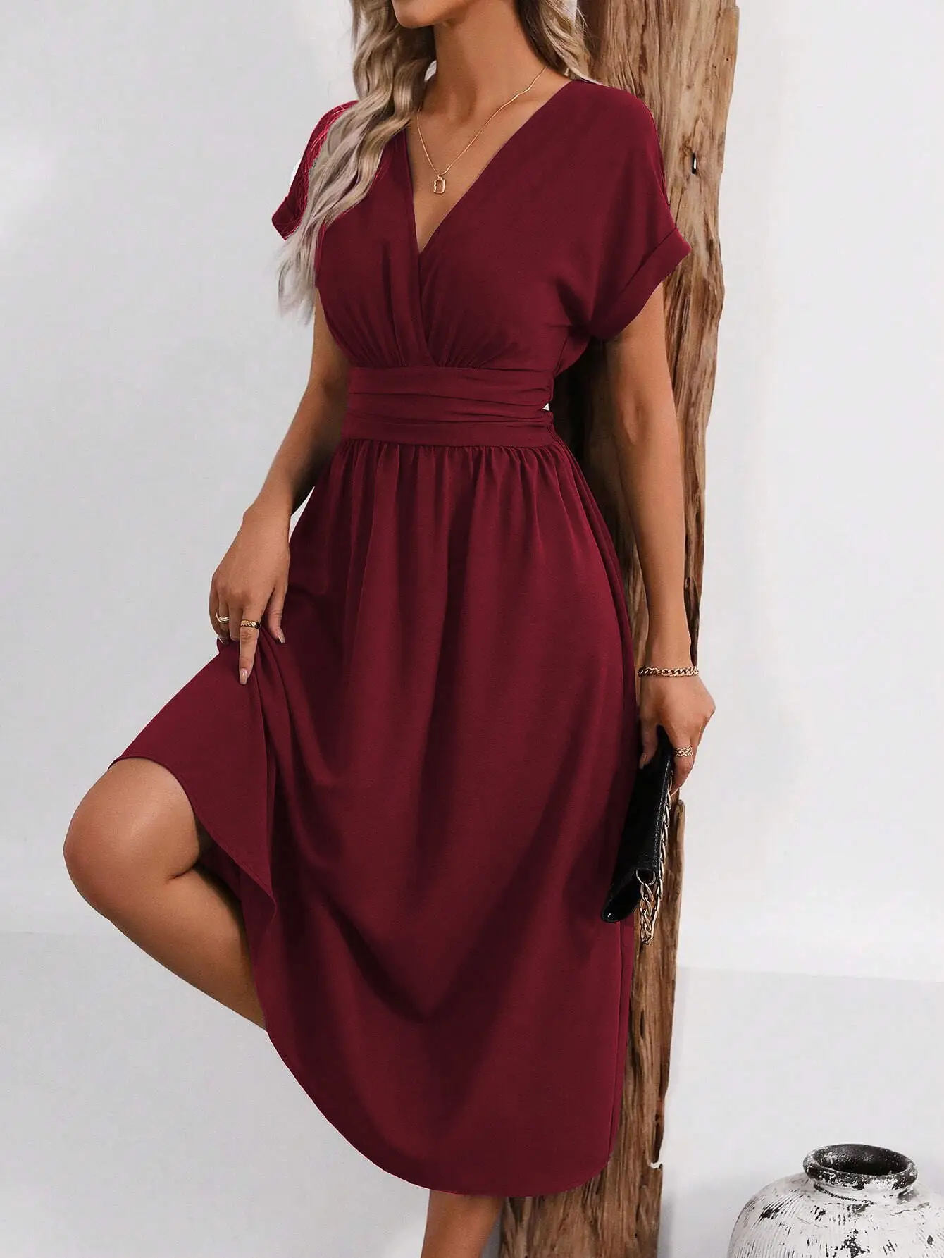 Black Pleated V-Neck Bat Sleeve Dress for Women — feature 13