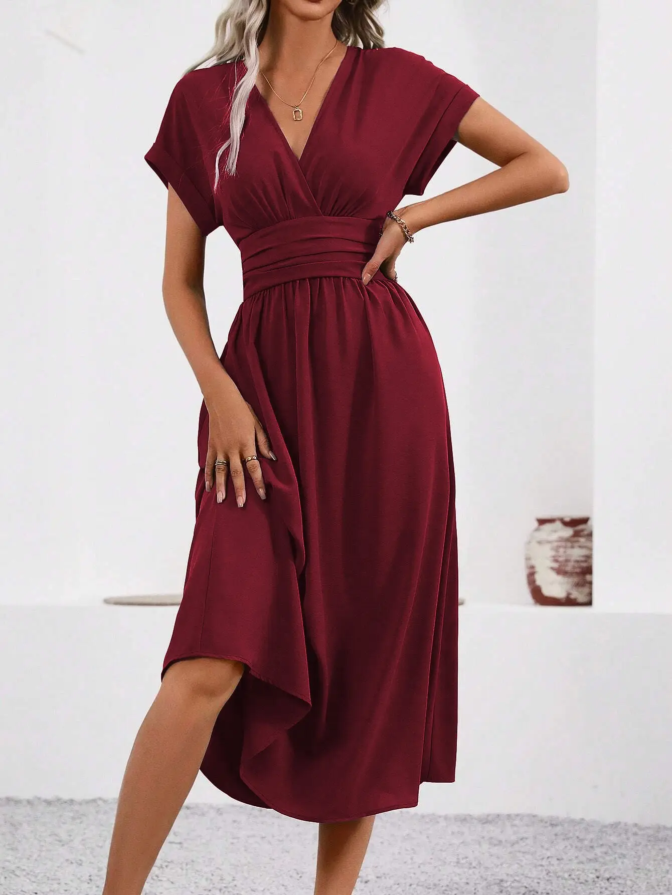 Black Pleated V-Neck Bat Sleeve Dress for Women — feature 14