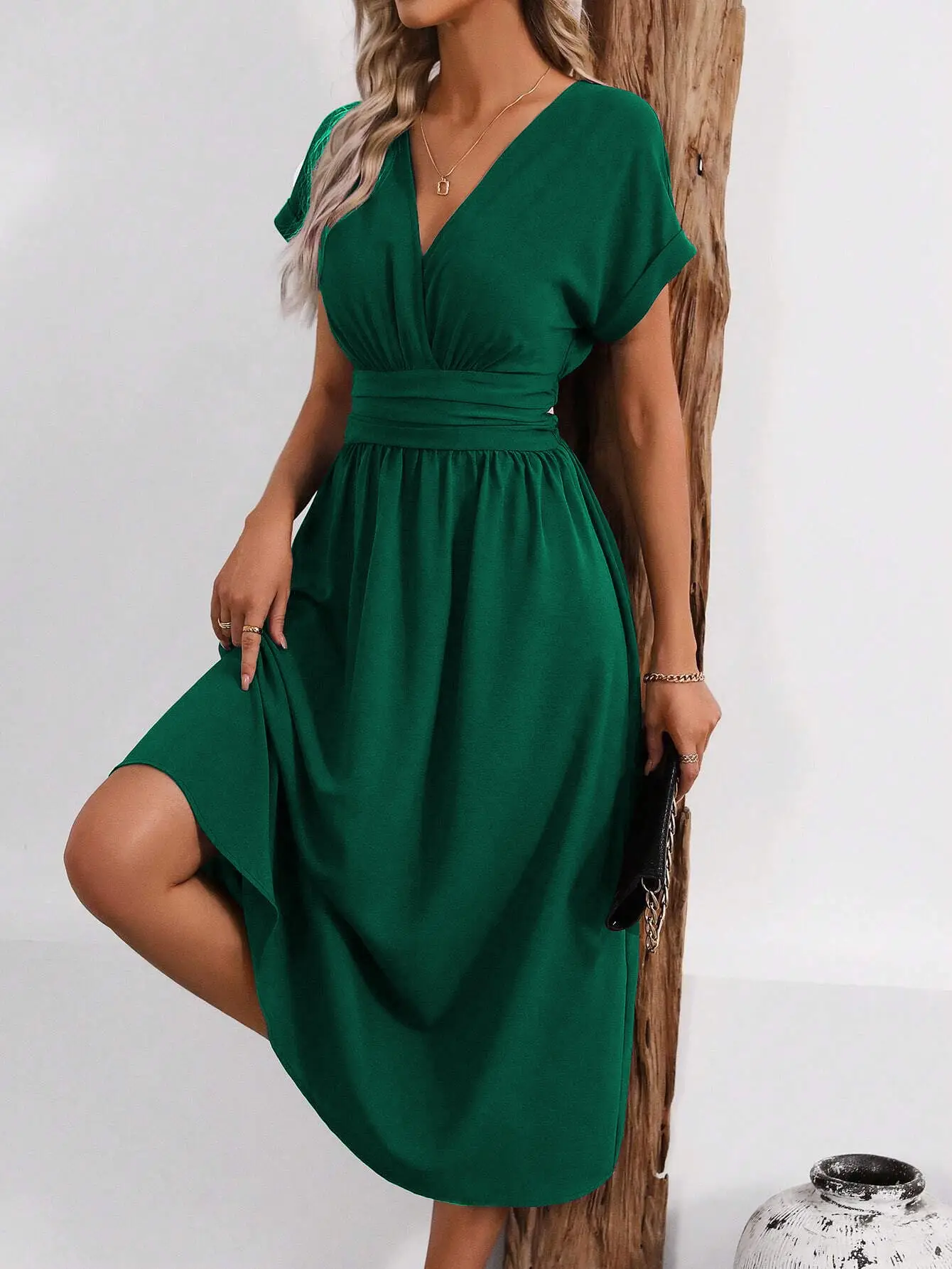 Black Pleated V-Neck Bat Sleeve Dress for Women — feature 15