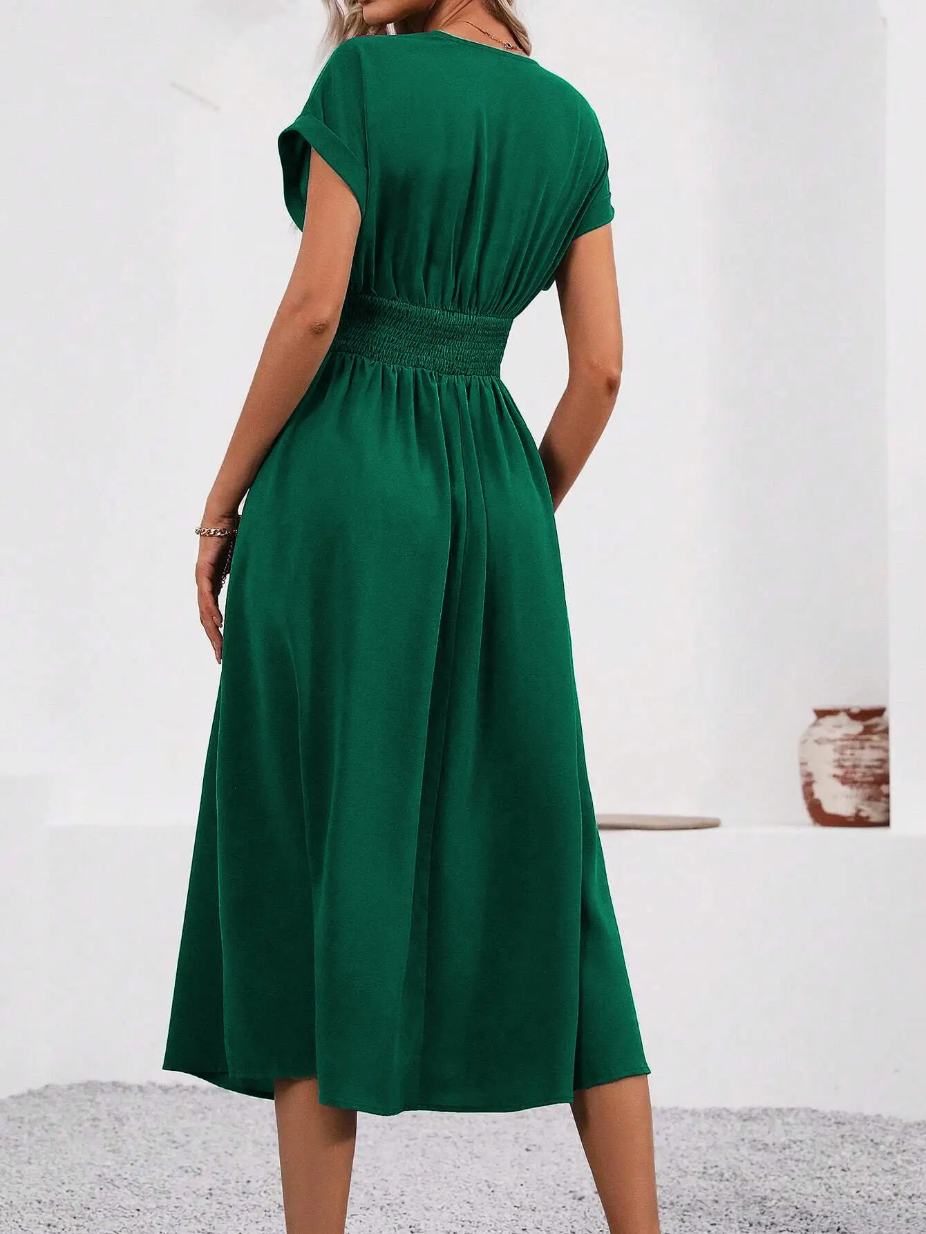 Black Pleated V-Neck Bat Sleeve Dress for Women — feature 16