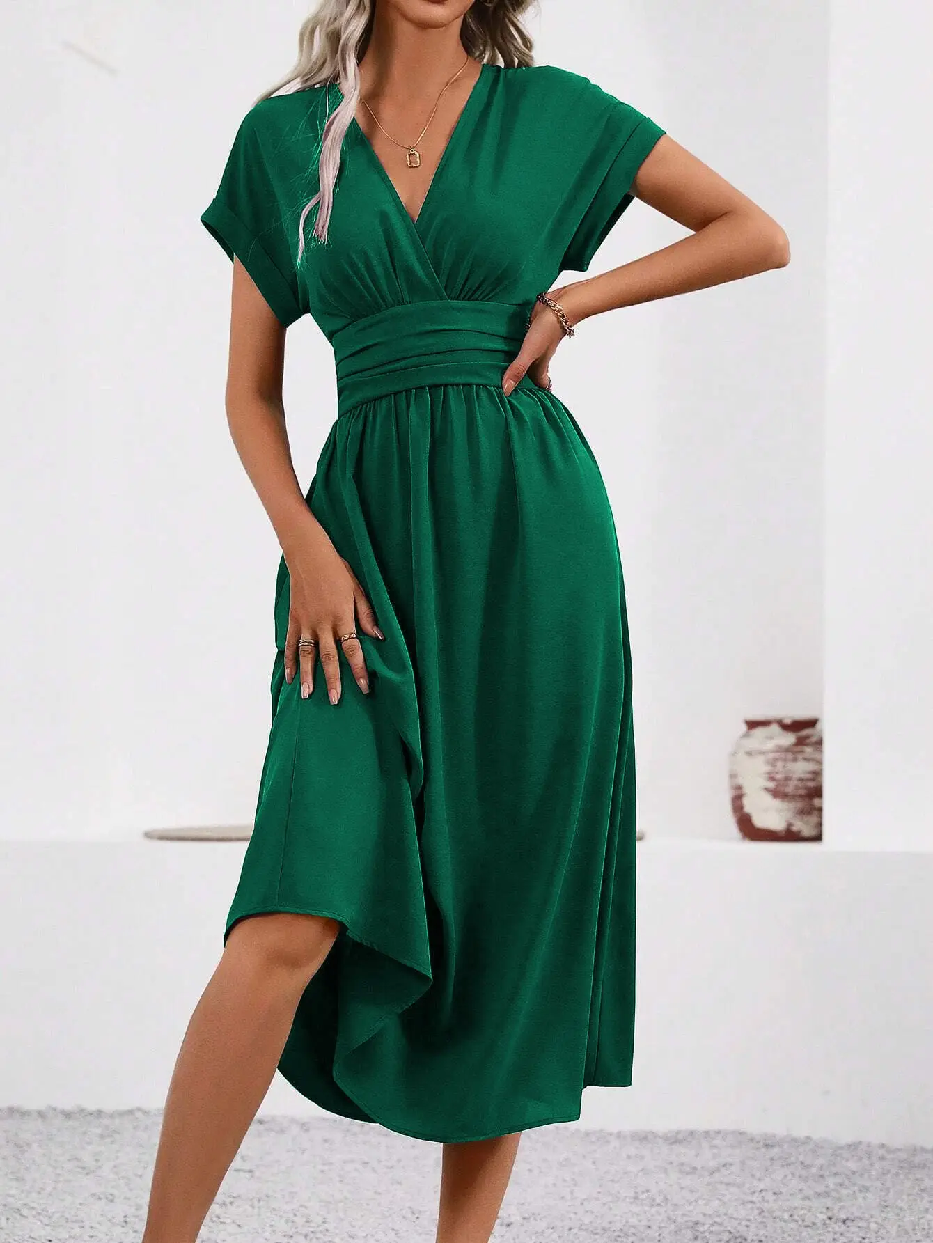 Black Pleated V-Neck Bat Sleeve Dress for Women — feature 17