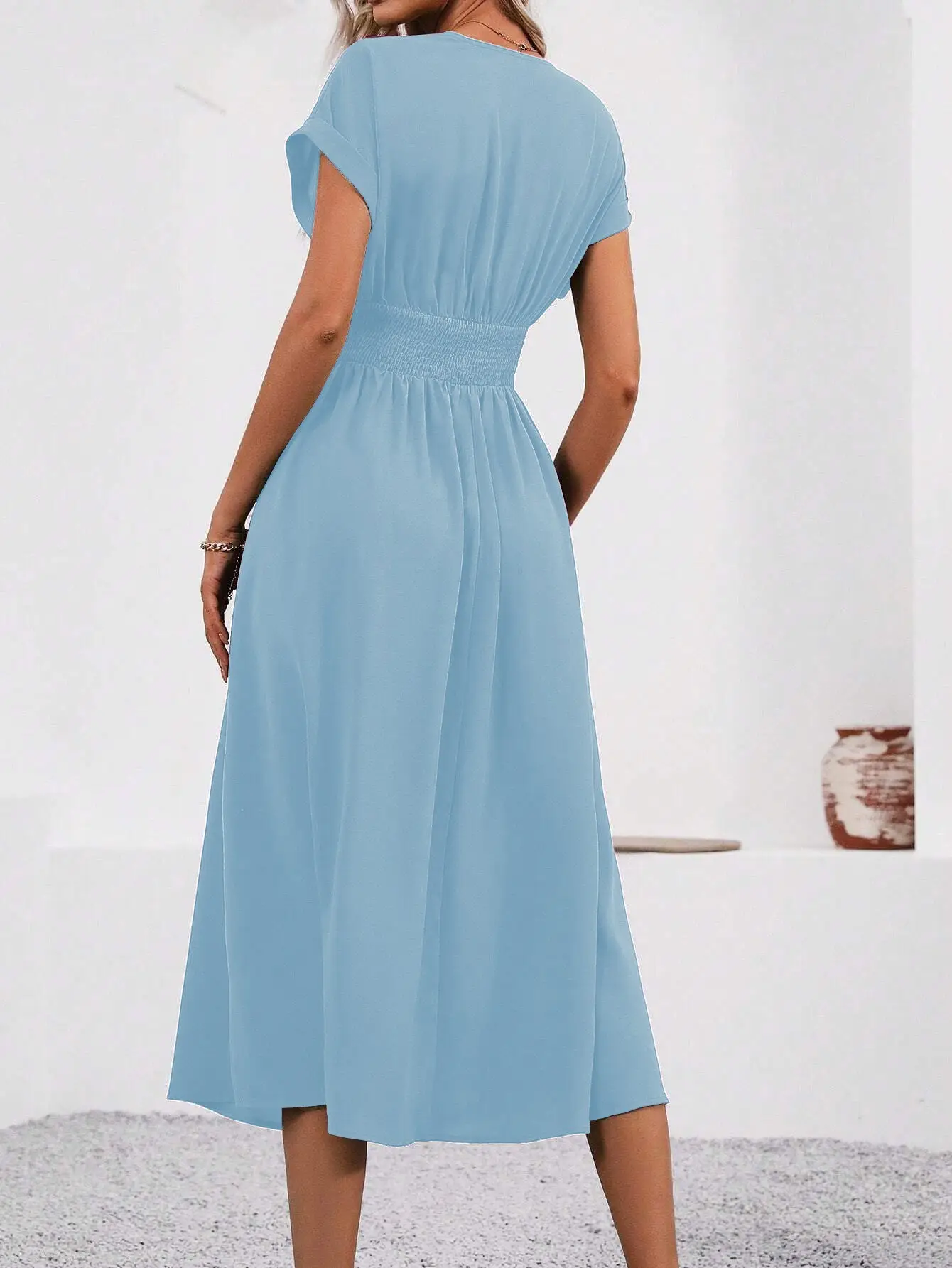 Black Pleated V-Neck Bat Sleeve Dress for Women — feature 22