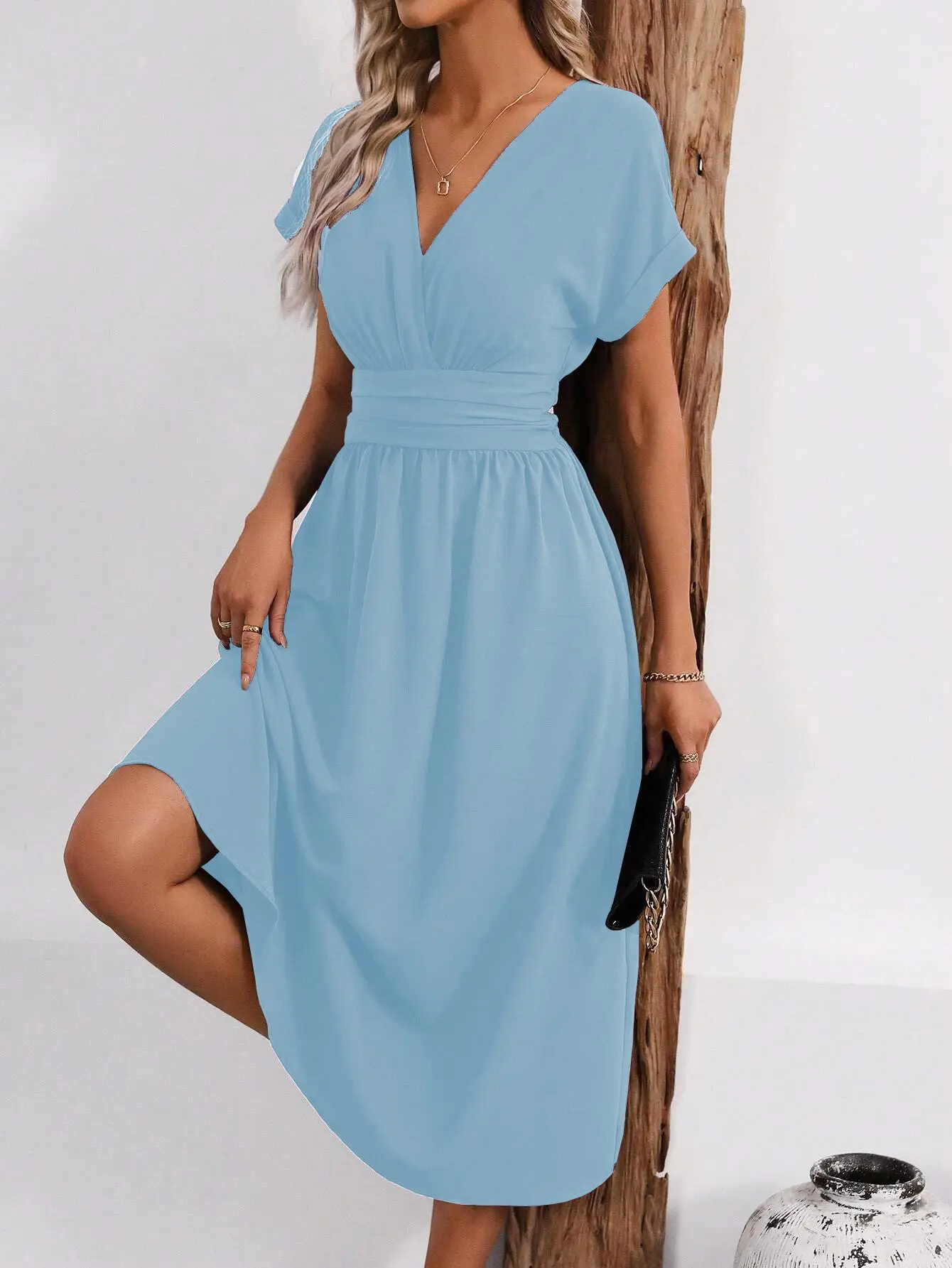 Black Pleated V-Neck Bat Sleeve Dress for Women — feature 23