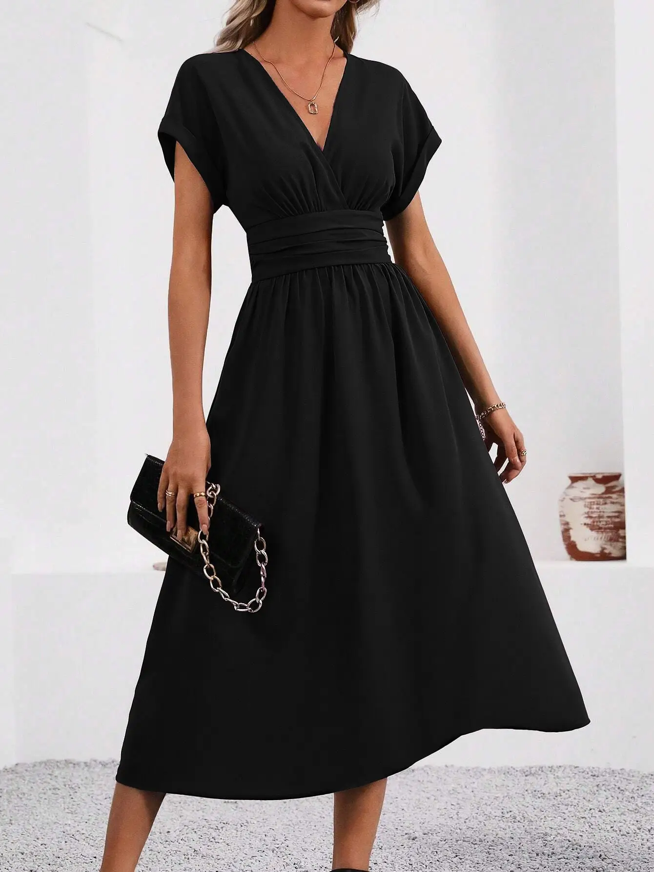 Black Pleated V-Neck Bat Sleeve Dress for Women — feature 25