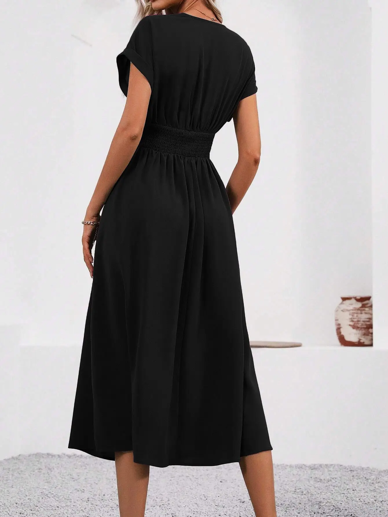 Black Pleated V-Neck Bat Sleeve Dress for Women — feature 27