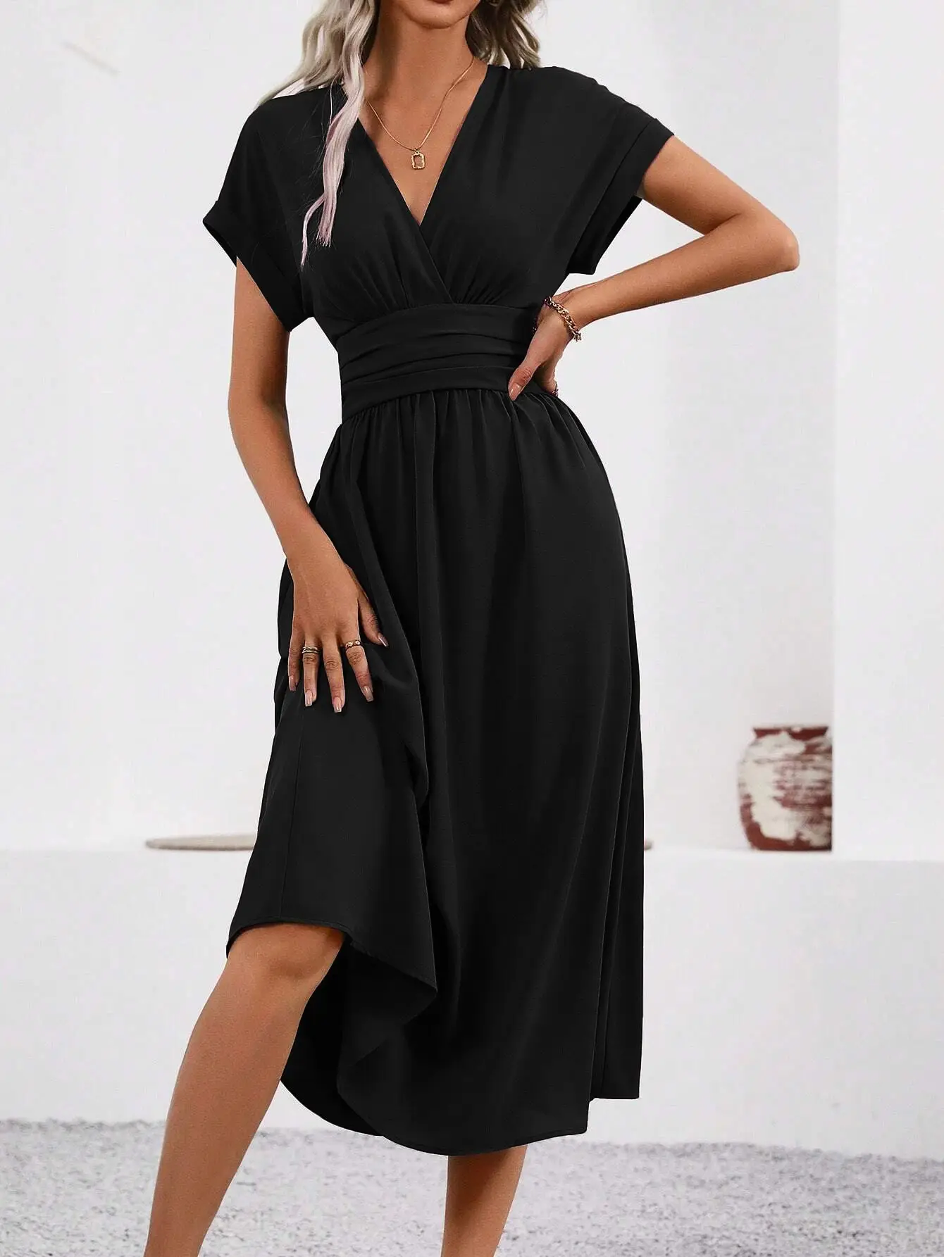Black Pleated V-Neck Bat Sleeve Dress for Women — feature 28