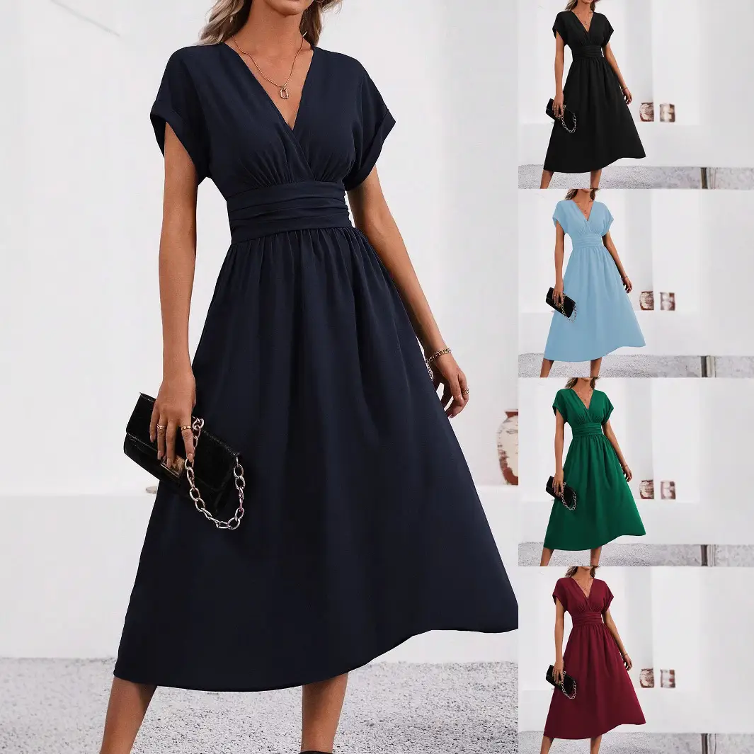 Black Pleated V-Neck Bat Sleeve Dress for Women — feature 5