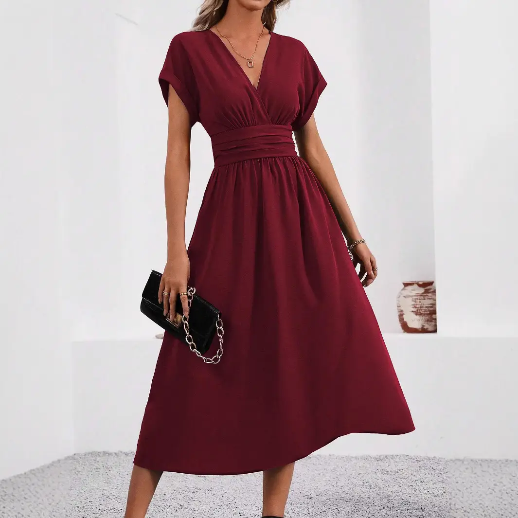 Black Pleated V-Neck Bat Sleeve Dress for Women - Image 2