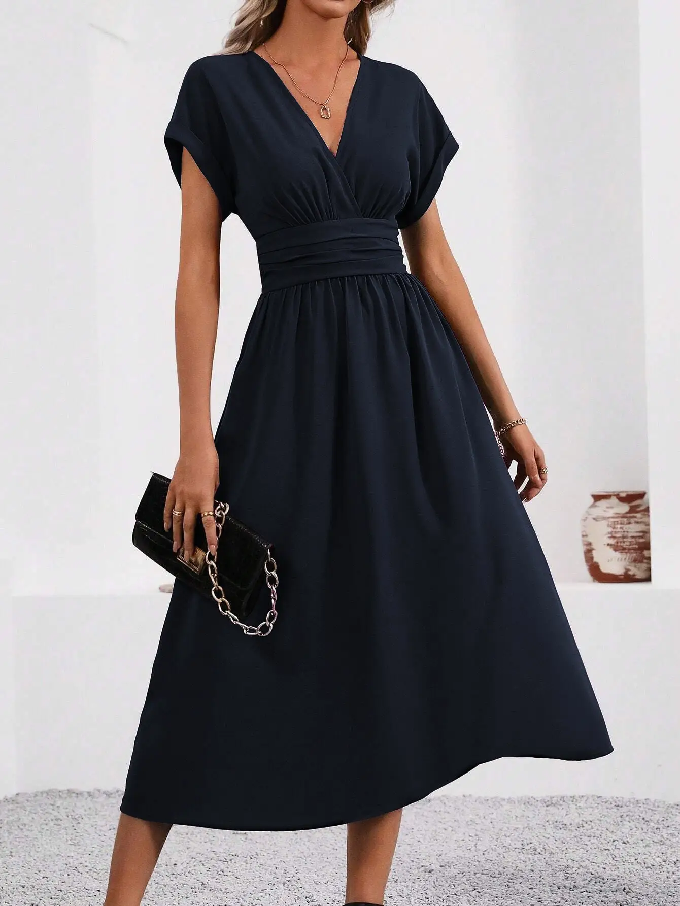 Black Pleated V-Neck Bat Sleeve Dress for Women - Image 3