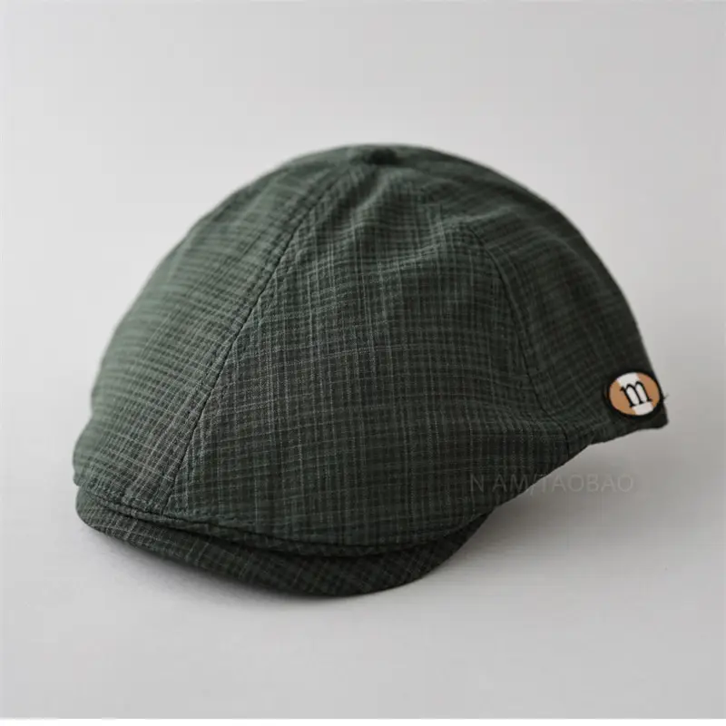 Men's Green Plaid Cap with Logo Patch