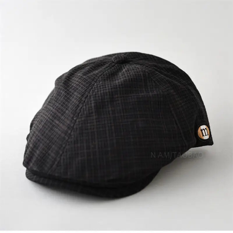 Men's Green Plaid Cap with Logo Patch
