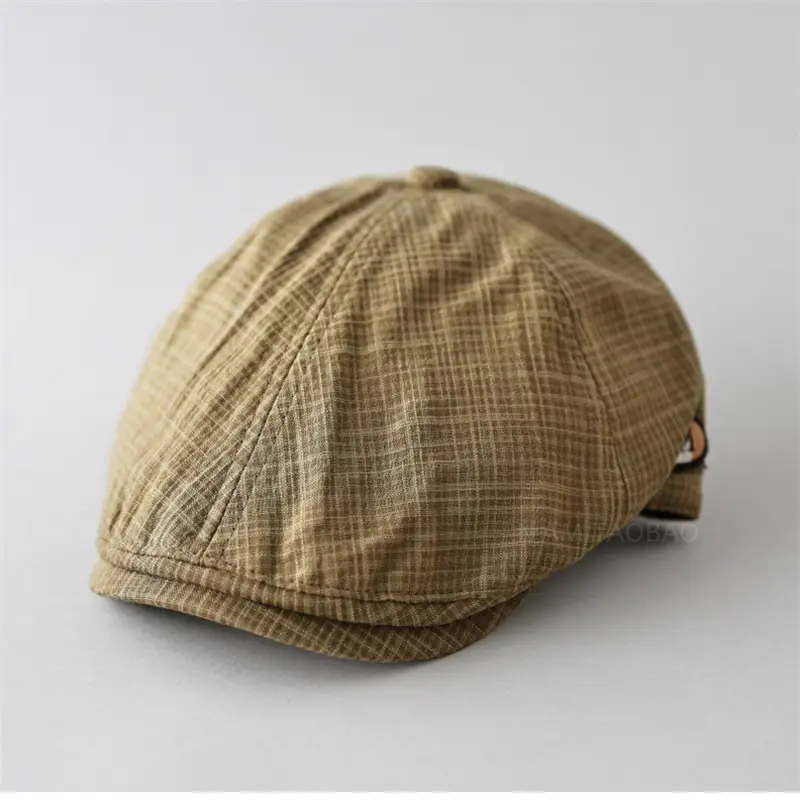 Men's Green Plaid Cap with Logo Patch