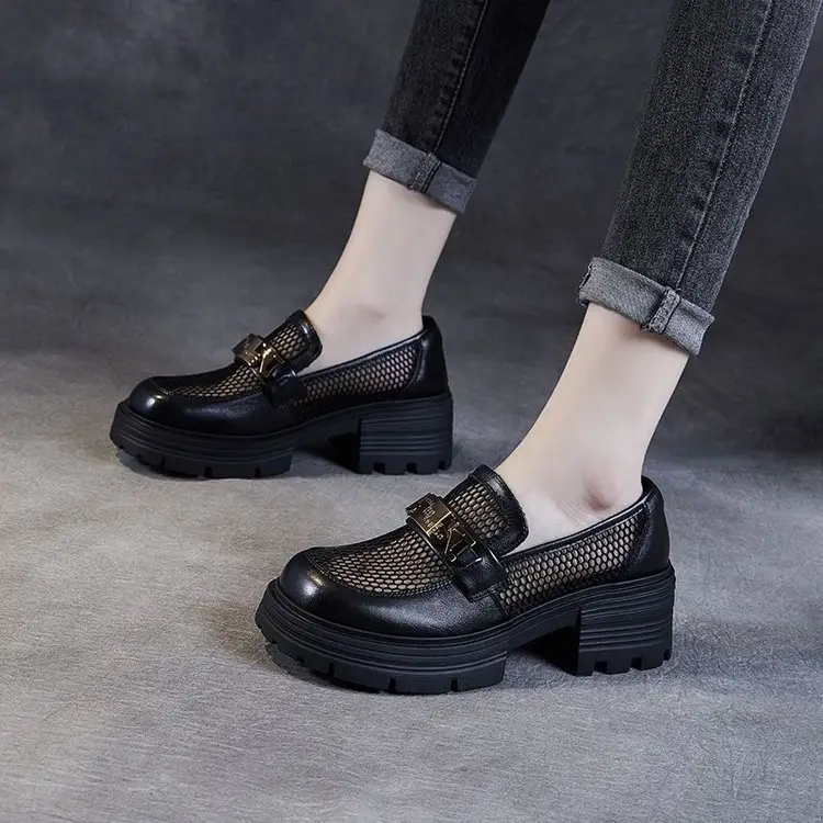 Mesh Thick Bottom Loafers Women's 2025 New Style Slip-on Women's Shoes Summer British Style Small Leather Shoes Hollow Single-layer Shoes — feature 5
