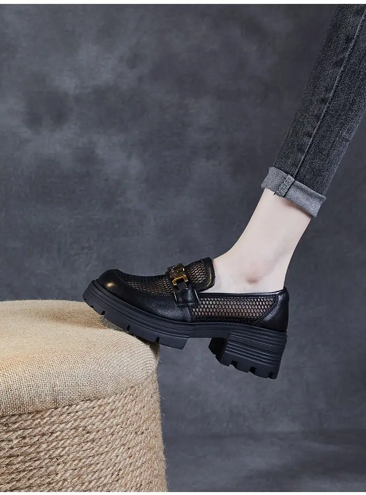 Mesh Thick Bottom Loafers Women's 2025 New Style Slip-on Women's Shoes Summer British Style Small Leather Shoes Hollow Single-layer Shoes — feature 9