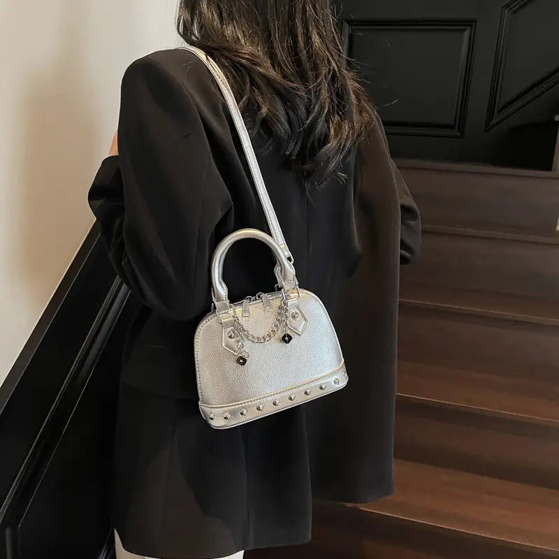 Champagne Gold Shoulder Bag with Chain & Pearl Accents