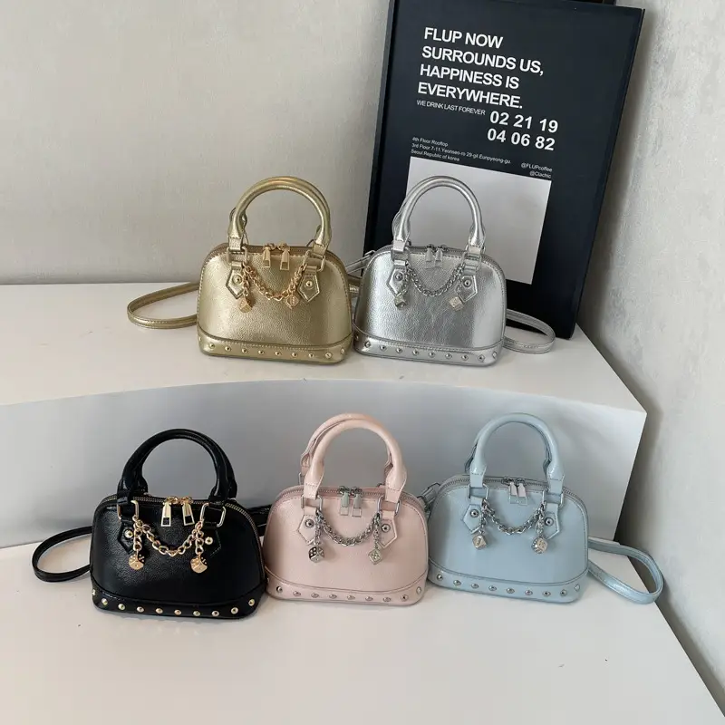 Champagne Gold Shoulder Bag with Chain & Pearl Accents