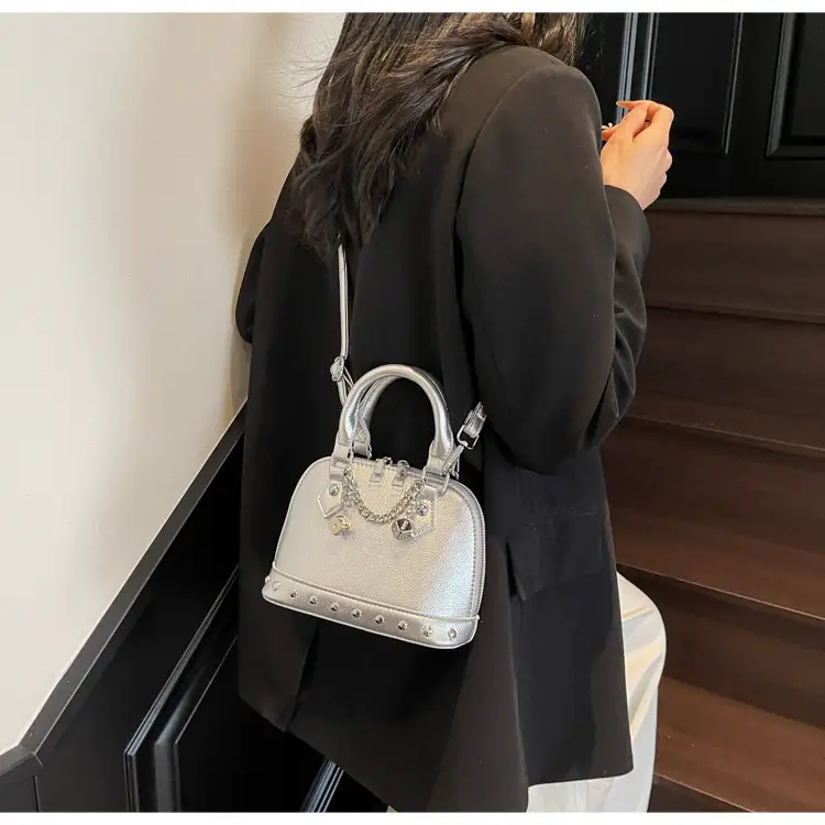 Champagne Gold Shoulder Bag with Chain & Pearl Accents — feature 17